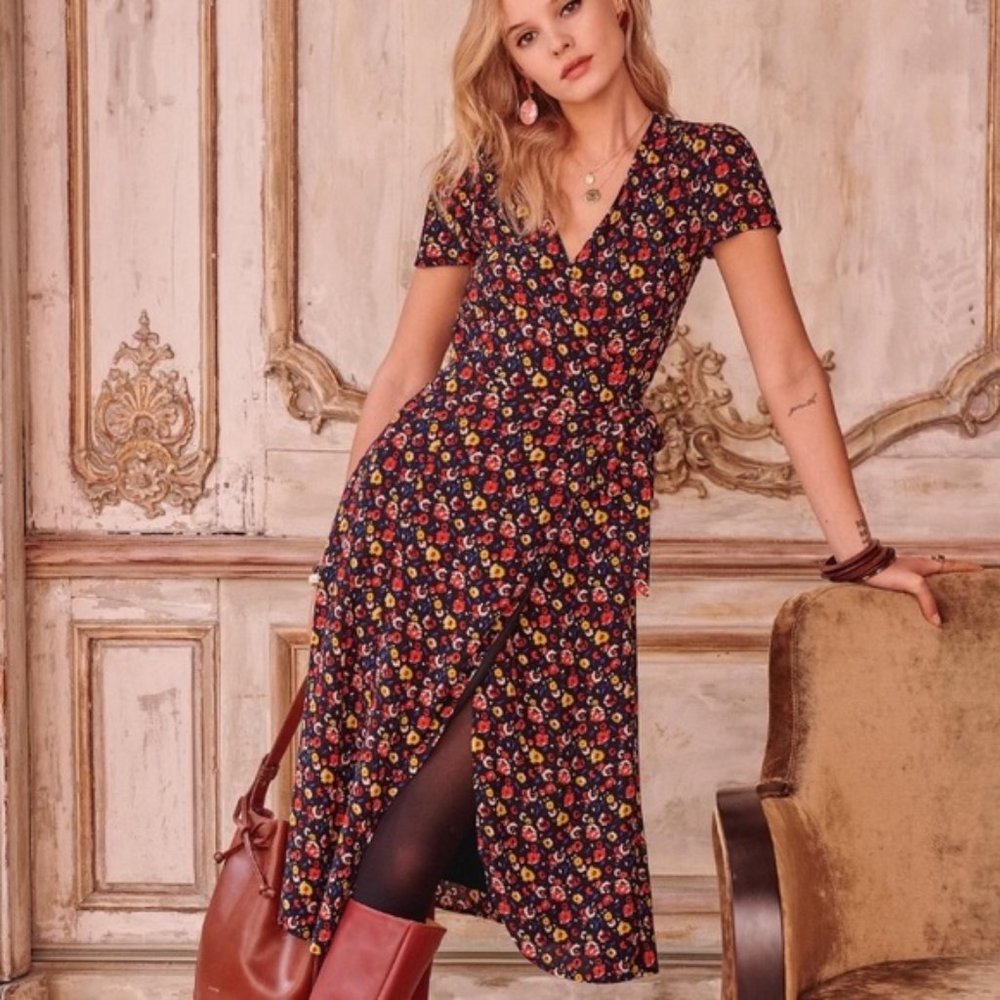 Sezane Amber Floral Midi Wrap Dress 36 4
